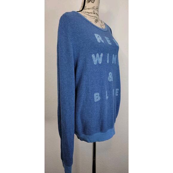 Wildfox Sweatshirt Womens SZ L Red Wine & Blue Statement Beach Graphic Blue - Picture 3 of 9